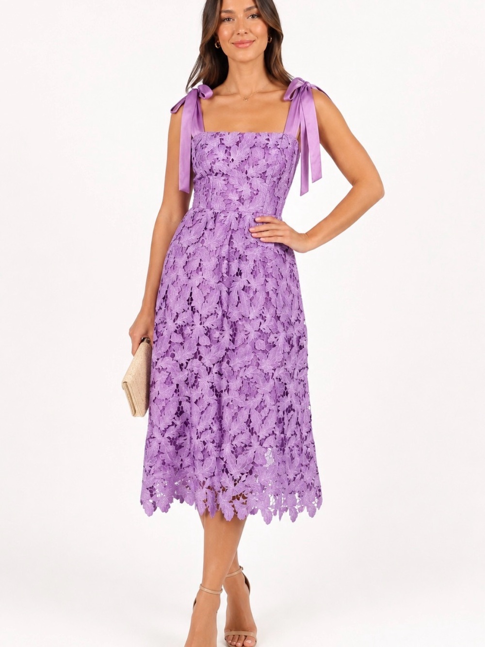Cyparis Purple Floral Lace Midi Dress Tie Strap Wedding Guest Size M